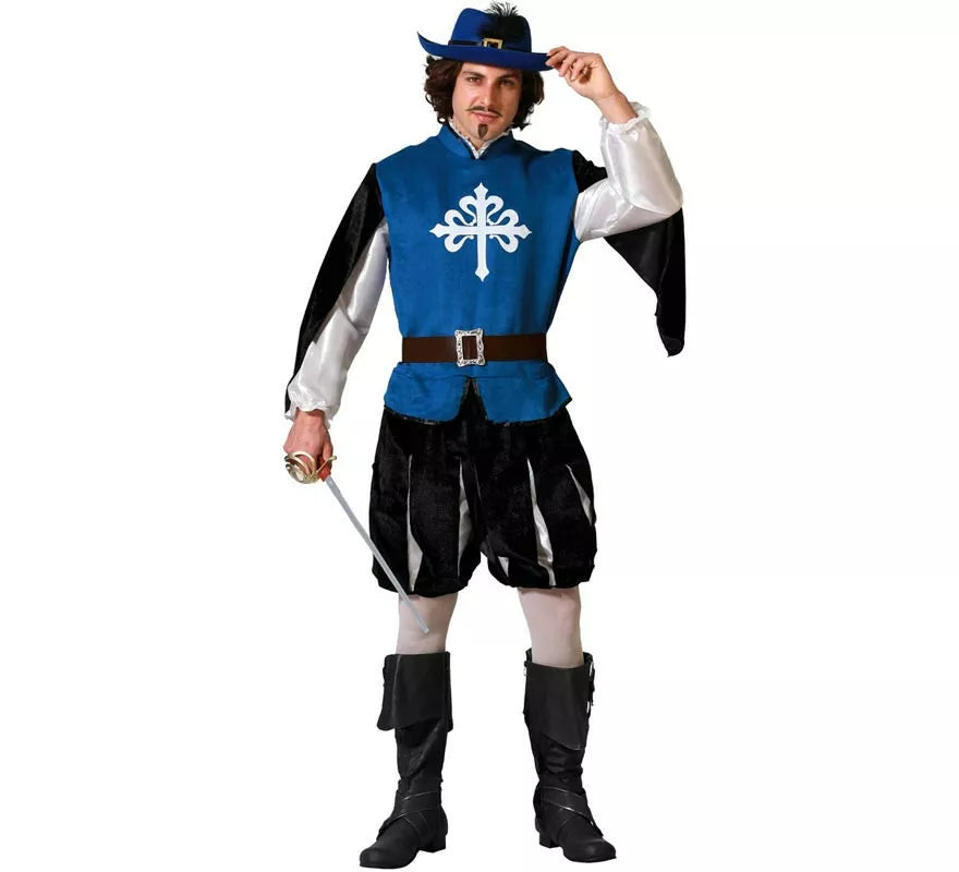 Translation missing: es.Disfraz de Mosquetero azul con cinturón para hombre