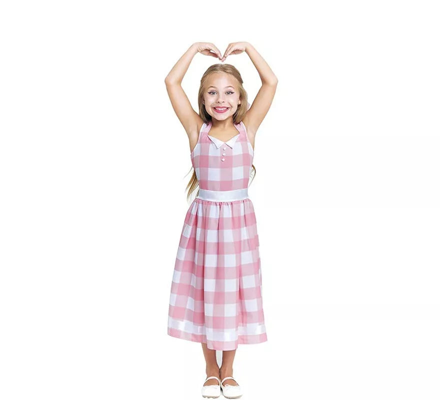 Disfraz de Muñeca a cuadros rosa y blanco para niña
