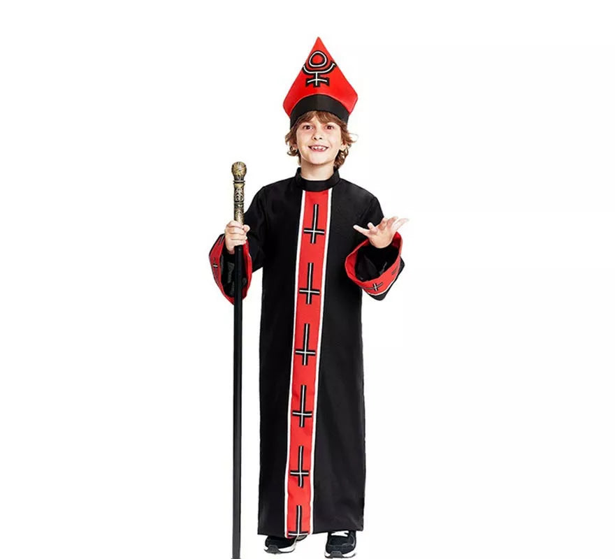 Translation missing: es.Disfraz de Obispo Satánico con estola negro y rojo para niño