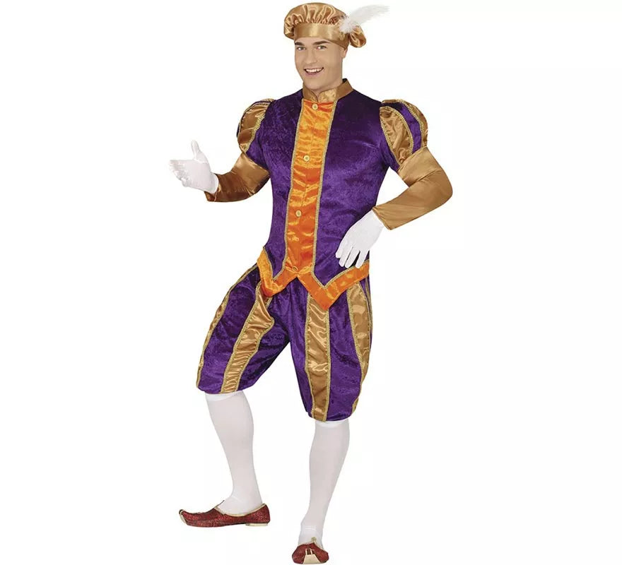 Disfraz de Paje morado y naranja con gorro para hombre