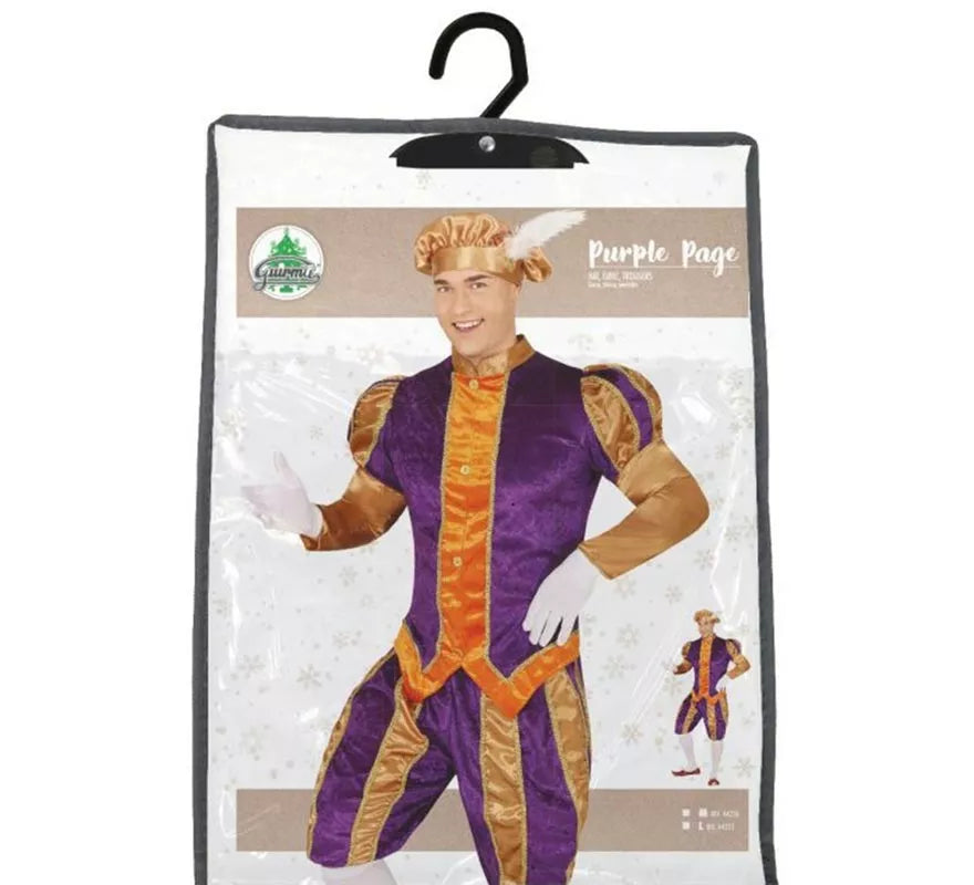 Translation missing: es.Disfraz de Paje morado y naranja con gorro para hombre