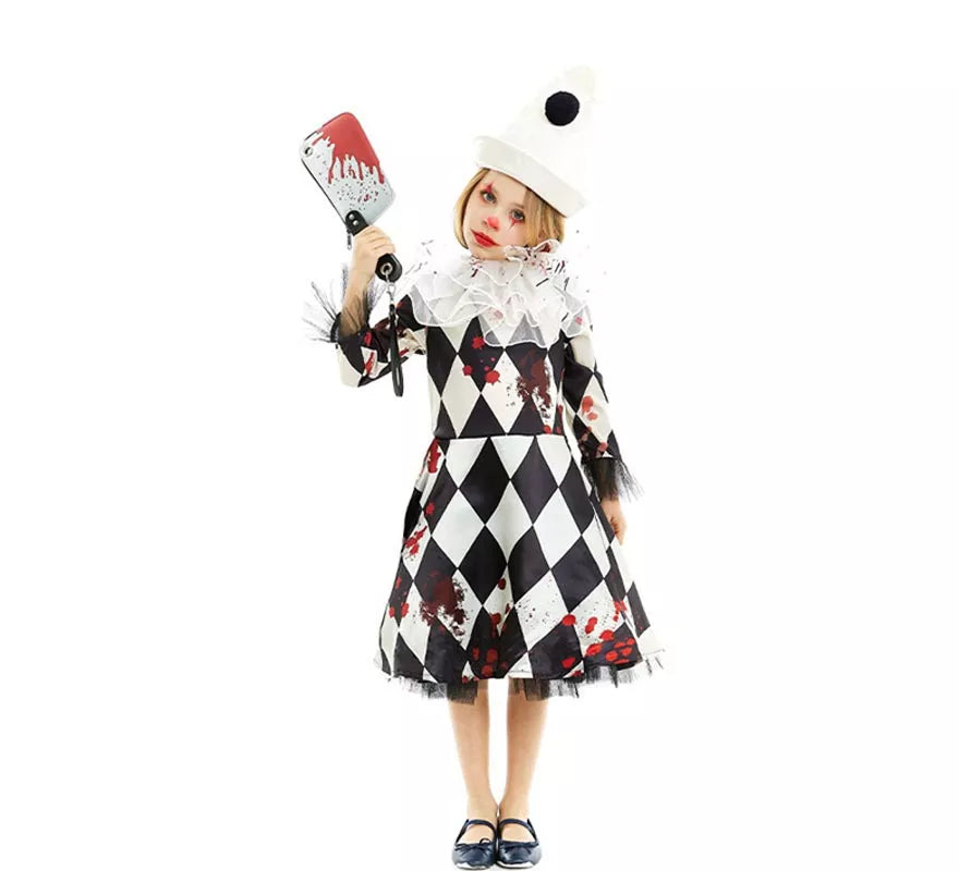 Disfraz de Payasa Pierrot Asesina con gorro para niña y adolescente