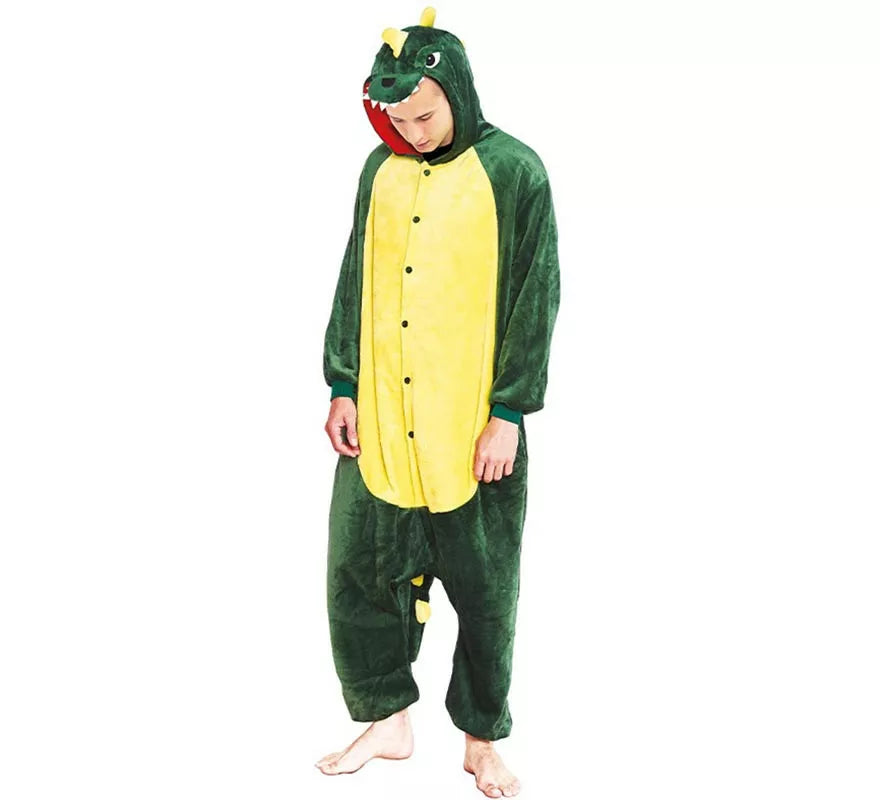 Disfraz de Pijama Dinosaurio verde y amarillo para adultos