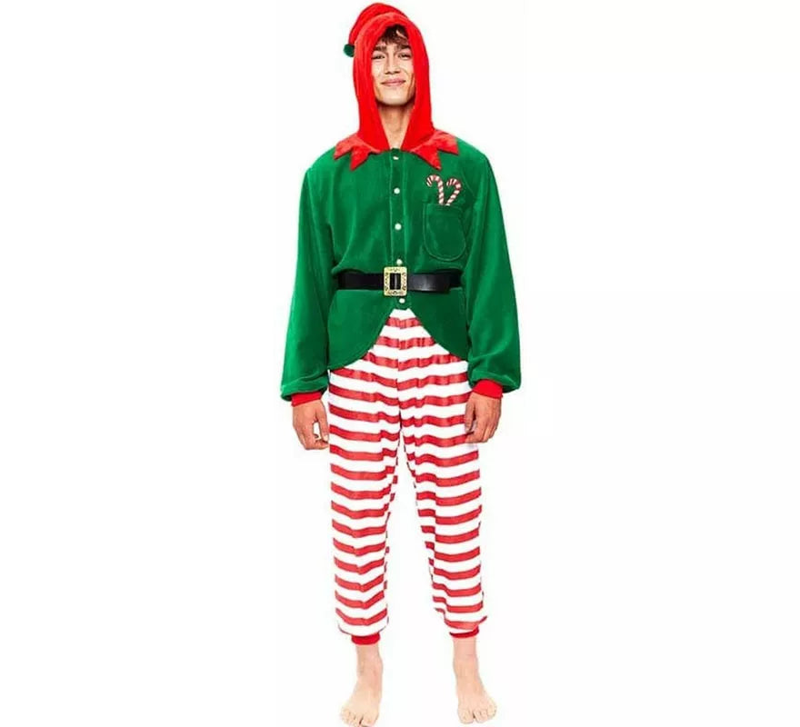 Translation missing: es.Disfraz de Pijama Elfo a rayas rojo para hombre