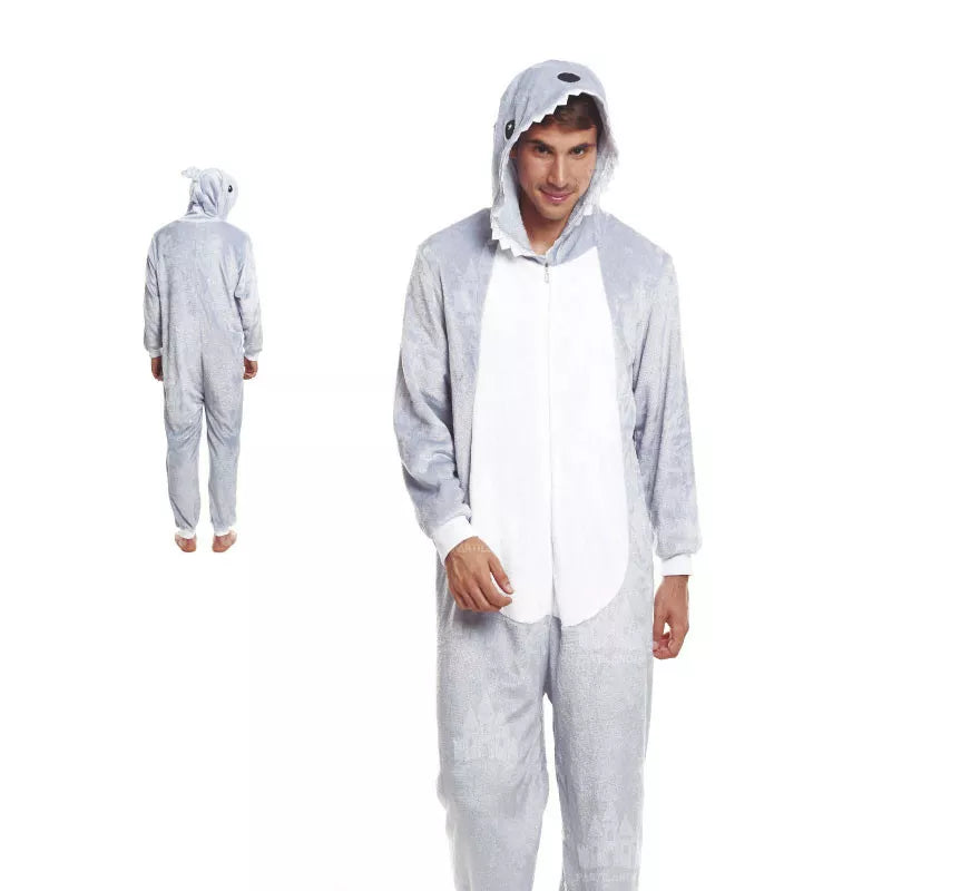 Translation missing: es.Disfraz de Pijama Tiburón gris y blanco para adultos