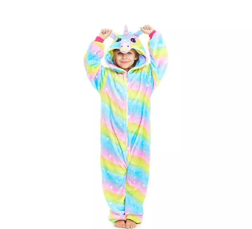 Translation missing: es.Disfraz de Pijama Unicornio Arcoíris con capucha para niña