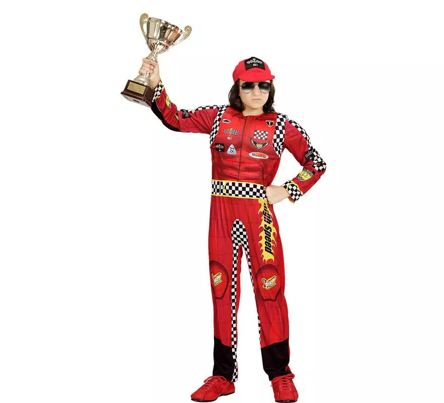Translation missing: es.Disfraz de Piloto de Formula 1 rojo a cuadros con gorro para niño