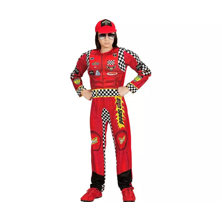 Translation missing: es.Disfraz de Piloto de Formula 1 rojo a cuadros con gorro para niño