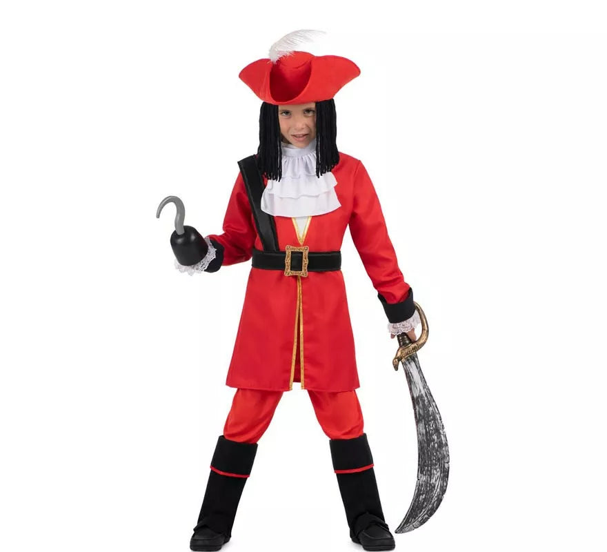 Disfraz de Pirata Garfio rojo con sombrero y peluca para niño