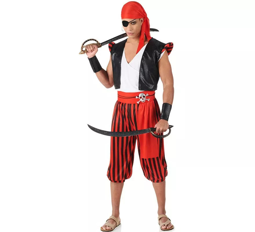 Translation missing: es.Disfraz de Pirata rojo a rayas para hombre