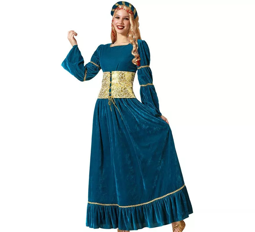 Translation missing: es.Disfraz de Reina Medieval azul y dorado con tocado para mujer