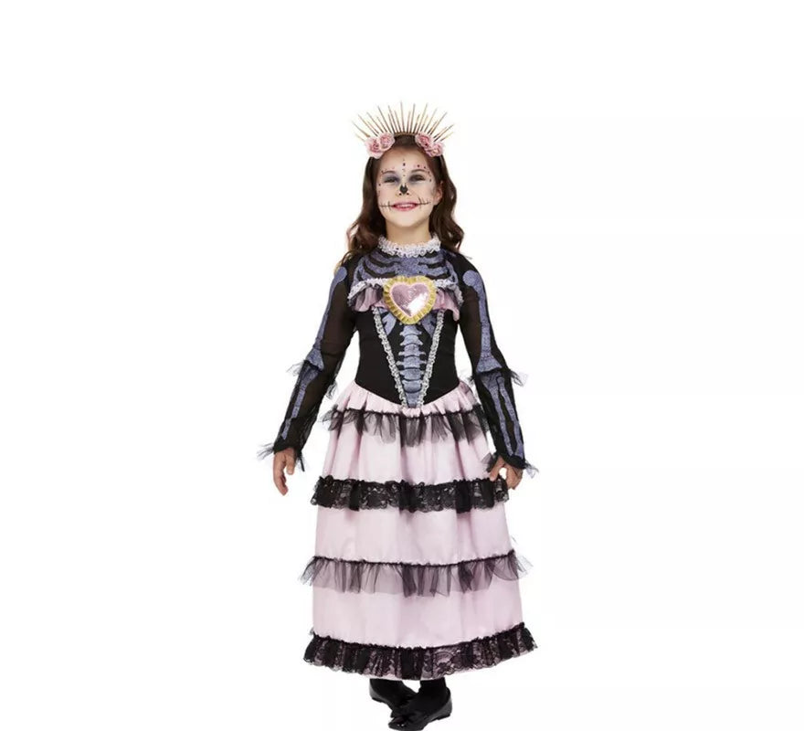 Translation missing: es.Disfraz de Señorita del Día de Muertos negro y rosa para niña