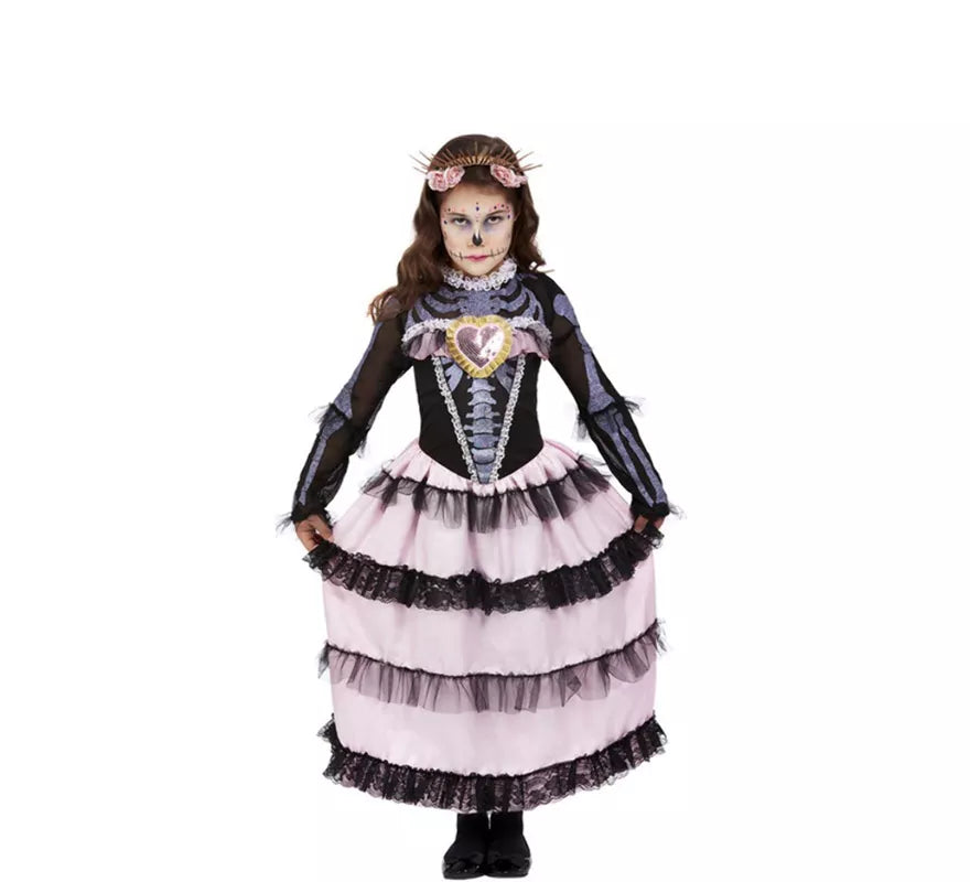 Translation missing: es.Disfraz de Señorita del Día de Muertos negro y rosa para niña