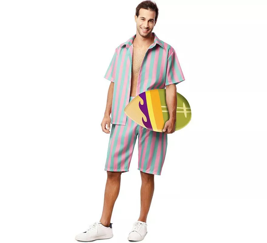 Translation missing: es.Disfraz de Surfista rosa y azul a rayas para hombre