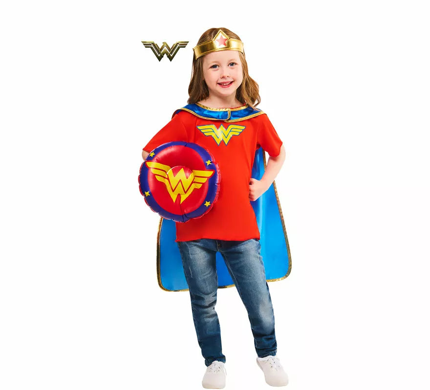 Translation missing: es.Disfraz o Kit de Wonder Woman para niña: Tiara, Capa, Escudo y Camiseta