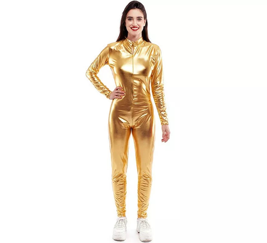 Translation missing: es.Disfraz o Mono metálico cierre frontal dorado para mujer