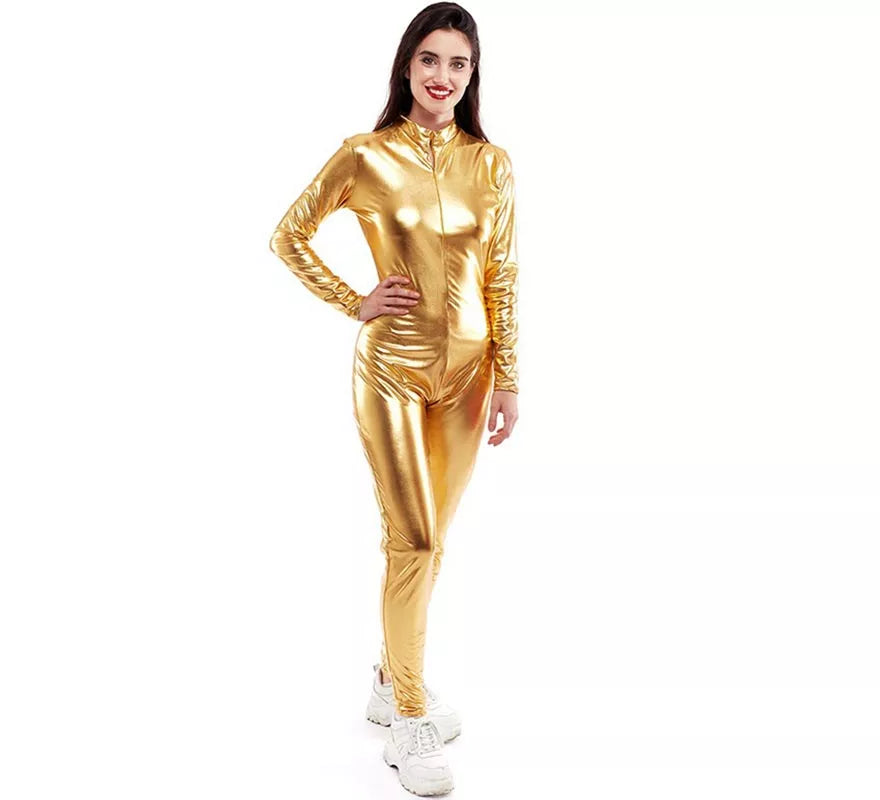 Translation missing: es.Disfraz o Mono metálico cierre frontal dorado para mujer