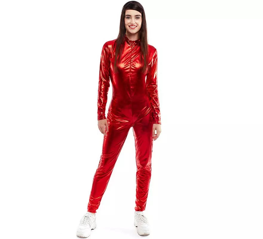 Translation missing: es.Disfraz o Mono metálico cierre frontal rojo para mujer