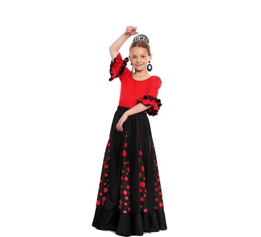 Translation missing: es.Falda Sevillana de Quillas negro con Lunar rojo para niña