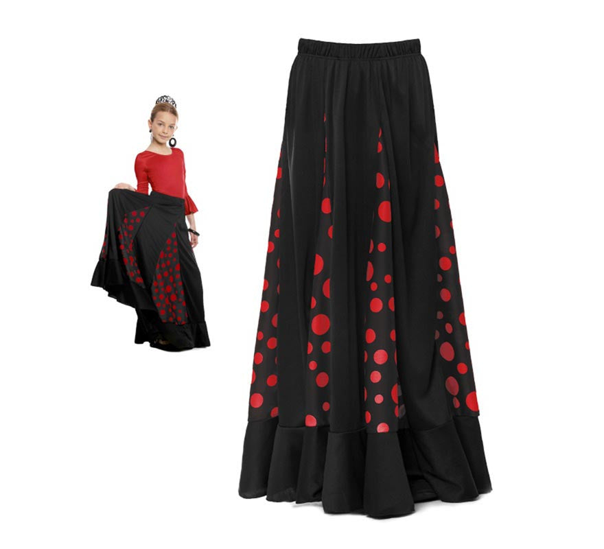 Translation missing: es.Falda Sevillana de Quillas negro con Lunar rojo para niña