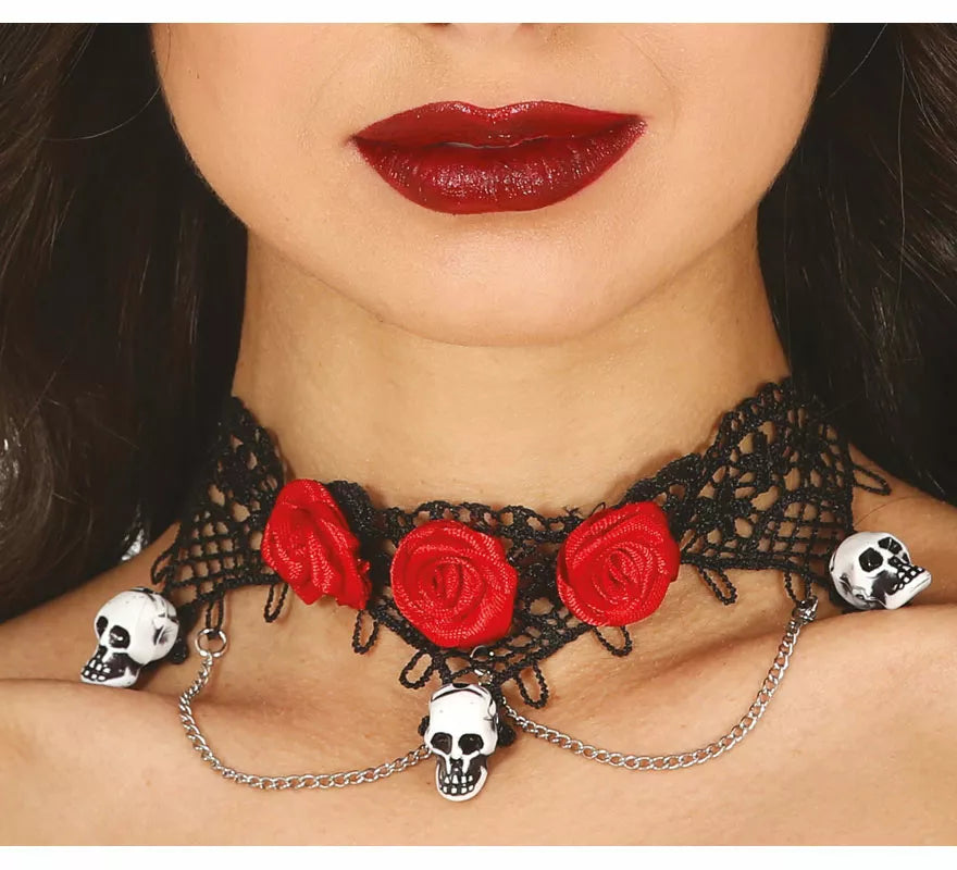 Translation missing: es.Gargantilla con Calaveras y Rosas Rojas