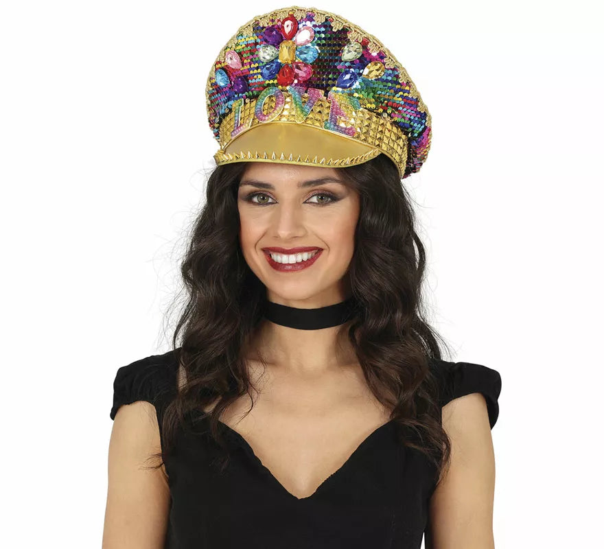 Gorra de Policía dorado Love con pedrería adulto