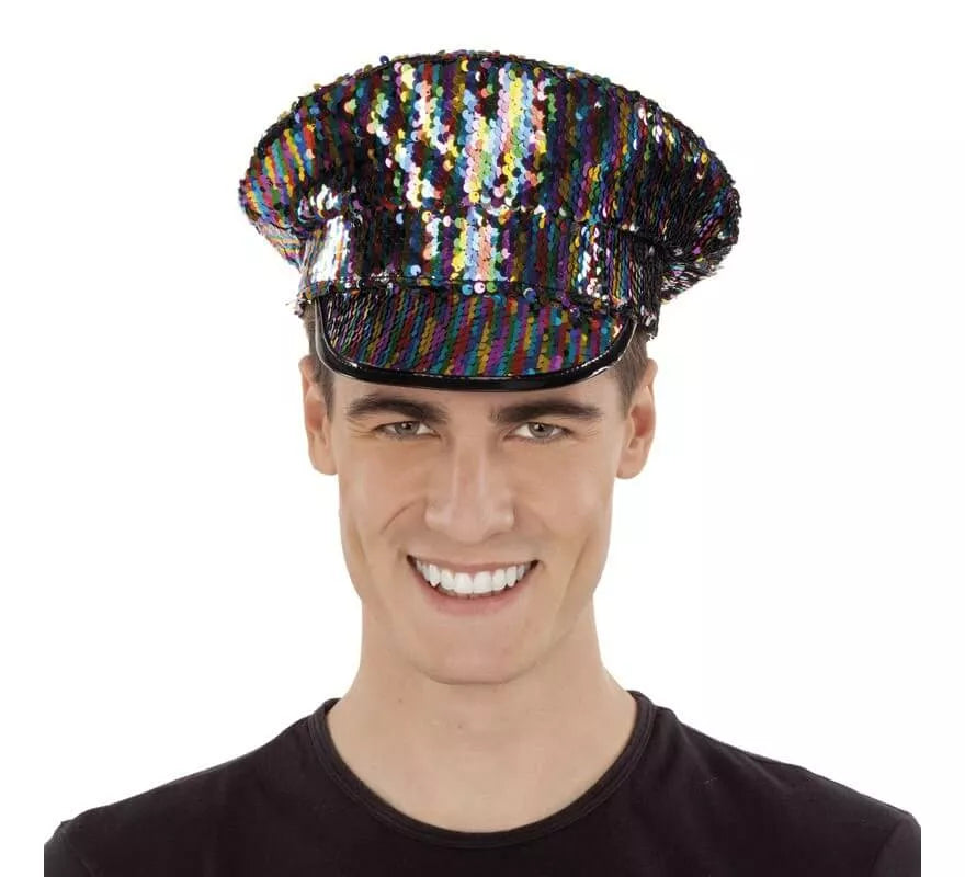 Gorra de Policía negra con lentejuelas Arcoíris
