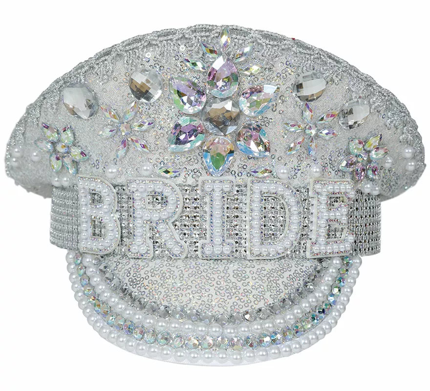 Gorra de Policía plateado Bride con pedrería adulto