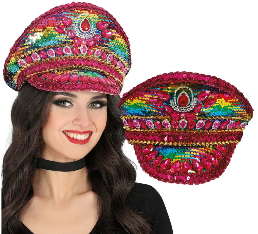 Gorra de Policía rosa con Pedrería multicolor adultos