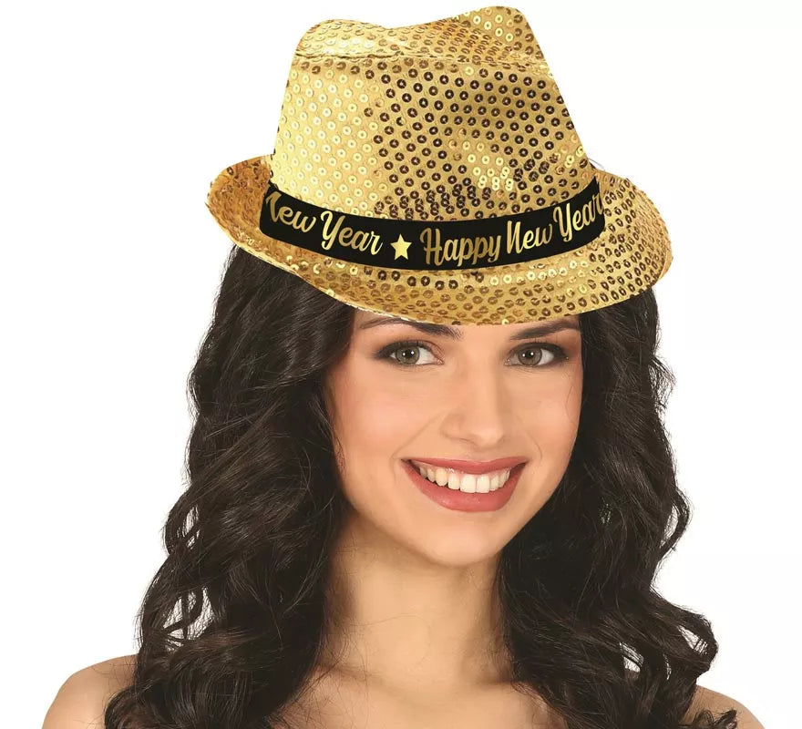 Translation missing: es.Gorro Gánster Happy New Year Lentejuelas dorado