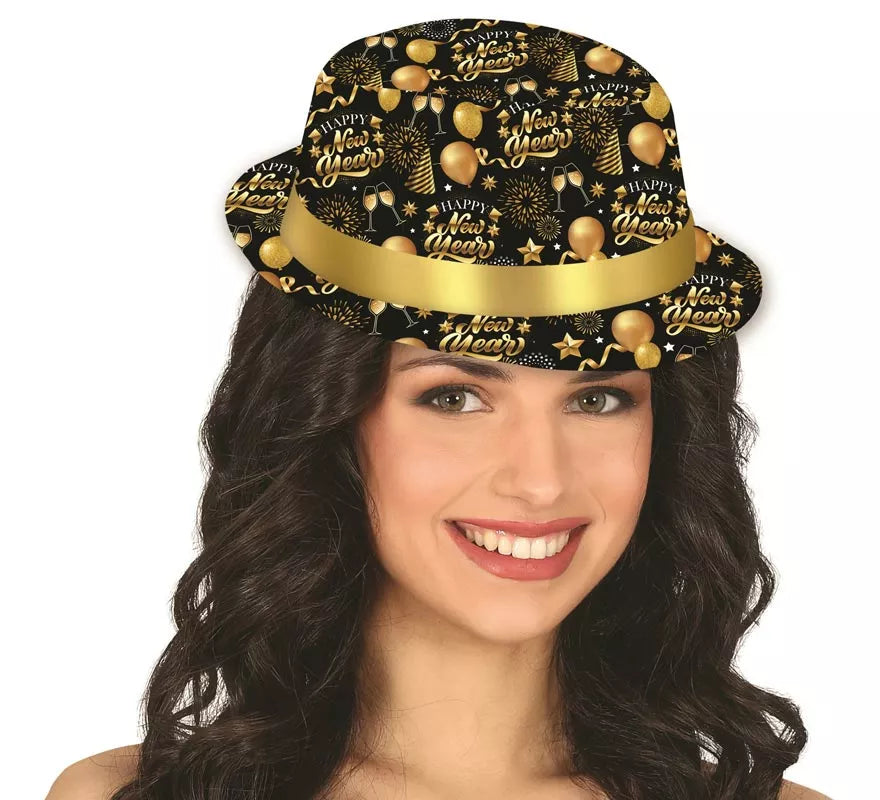 Translation missing: es.Gorro Gánster Happy New Year negro y dorado