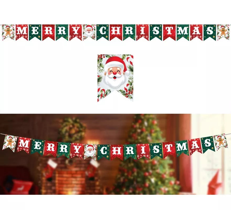 Guirnalda de Feliz Navidad con Papá Noel y Reno de 300x20x15 cm