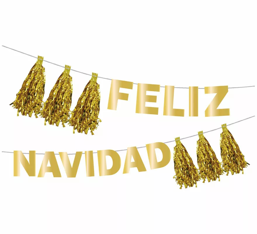 Guirnalda de Feliz Navidad con Pompones oro de 3 mts