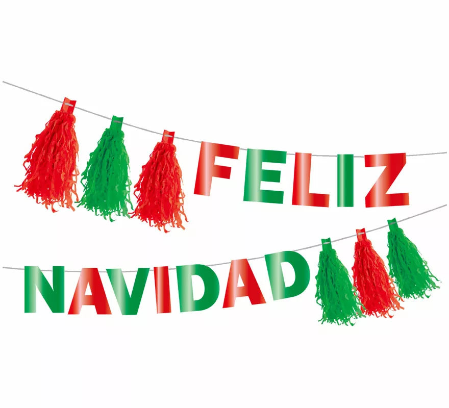 Guirnalda de Feliz Navidad con Pompones rojo y verde de 3 mts