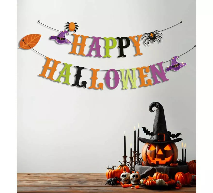 Guirnalda de Happy Halloween araña y bruja de 3 m