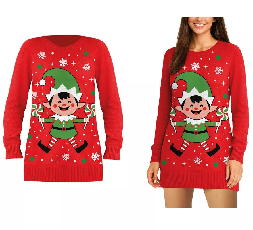 Jersey Largo Navideño de Elfo para mujer