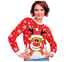 Jersey Navidad Reno Feliz rojo para mujer