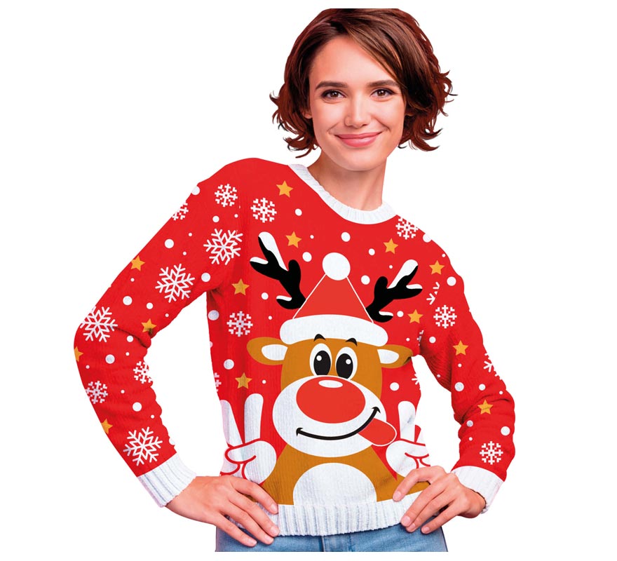 Translation missing: es.Jersey Navidad Reno Feliz rojo para mujer