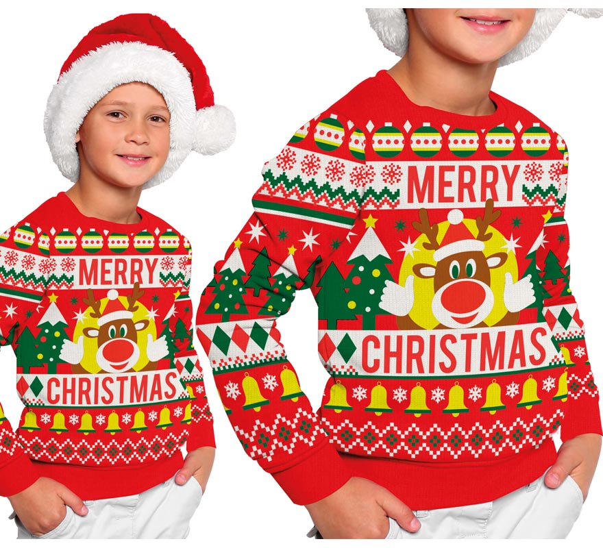 Translation missing: es.Jersey Navidad Reno Merry Christmas rojo para niños