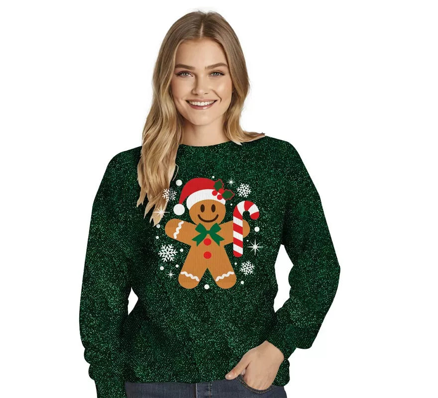 Translation missing: es.Jersey Navideño de Muñeco de Jengibre con Purpurina para mujer
