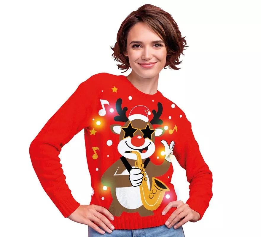 Jersey Navideño de Reno con 12 Luces LED para mujer