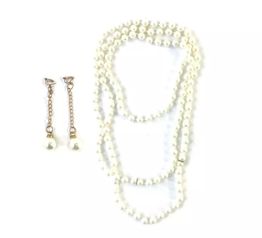 Kit de años 20 blanca: Collar de Perlas y Pendientes