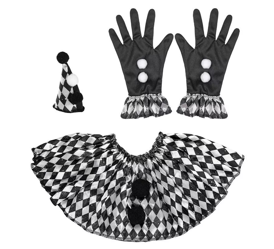Kit de Arlequín Pierrot: Mini Sombrero, Guantes y Gorguera