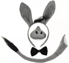 Kit de Burro gris: Diadema, Nariz, Pajarita y Cola