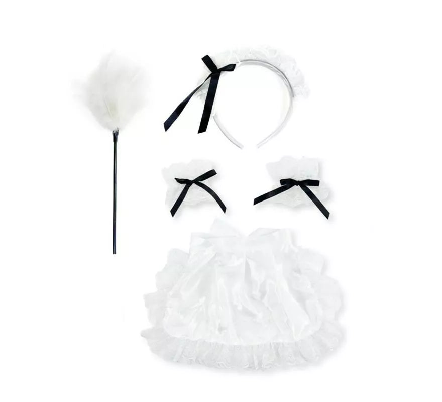 Kit de Camarera blanca: Diadema, Plumero, Muñequeras y Delantal