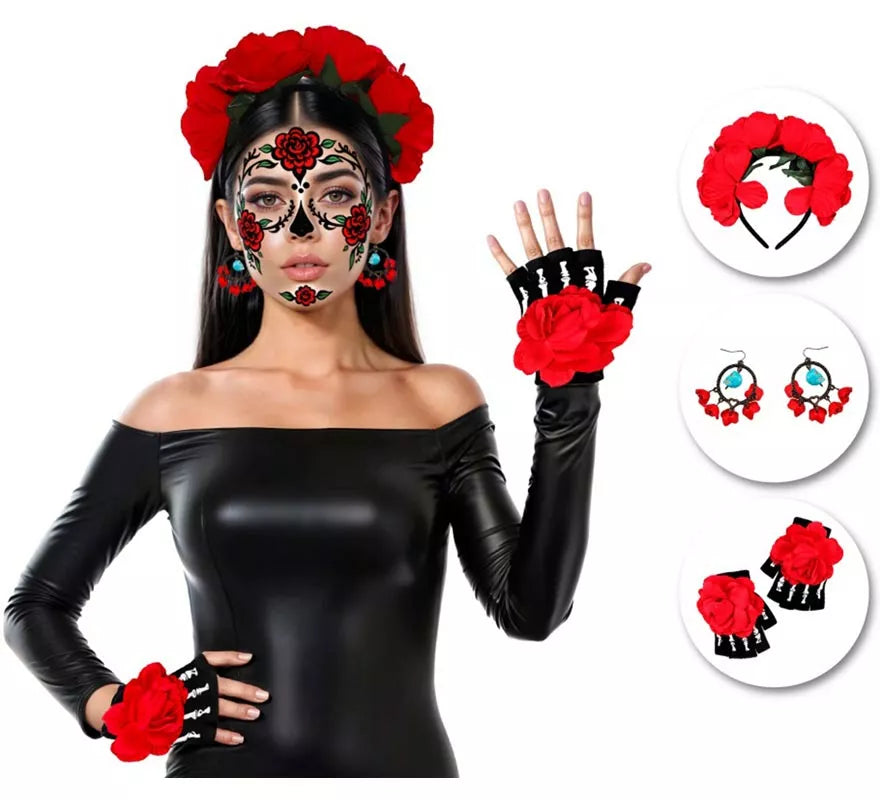 Translation missing: es.Kit de Catrina: Diadema, Pendientes y Mitones con Flor