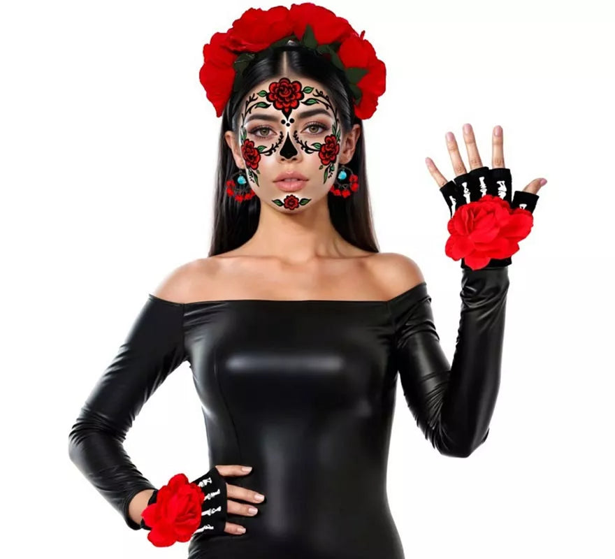 Translation missing: es.Kit de Catrina: Diadema, Pendientes y Mitones con Flor