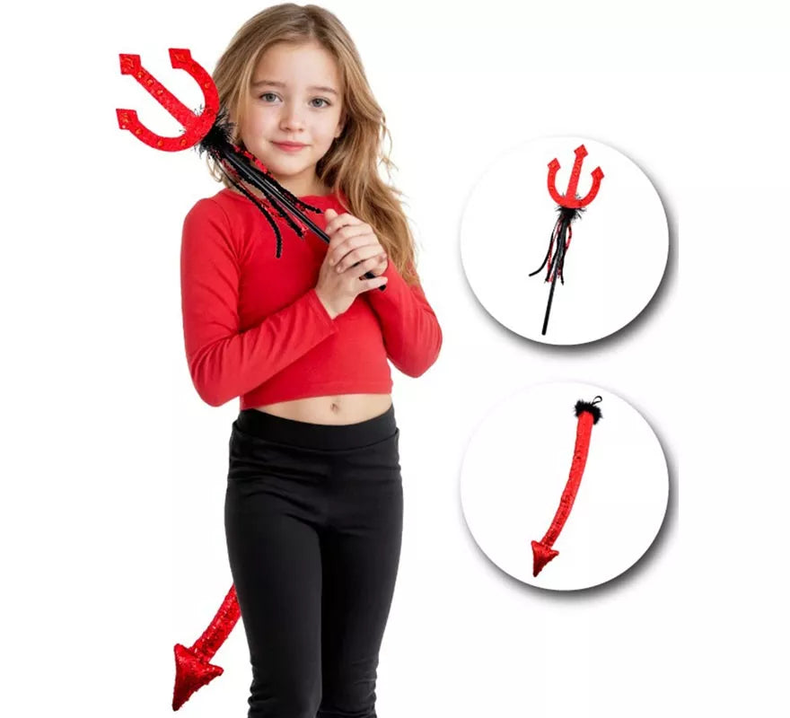 Kit de Diablo: Tridente con Cola de Lentejuela Infantil