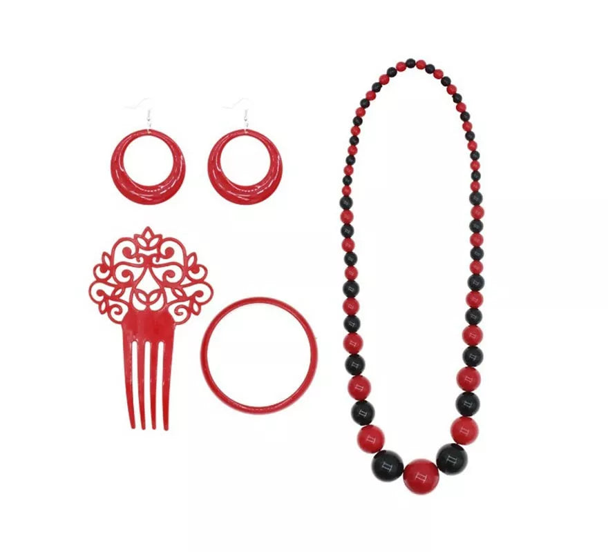 Translation missing: es.Kit de Flamenca rojo y negro: Collar, Pendientes, Pulsera y Peineta