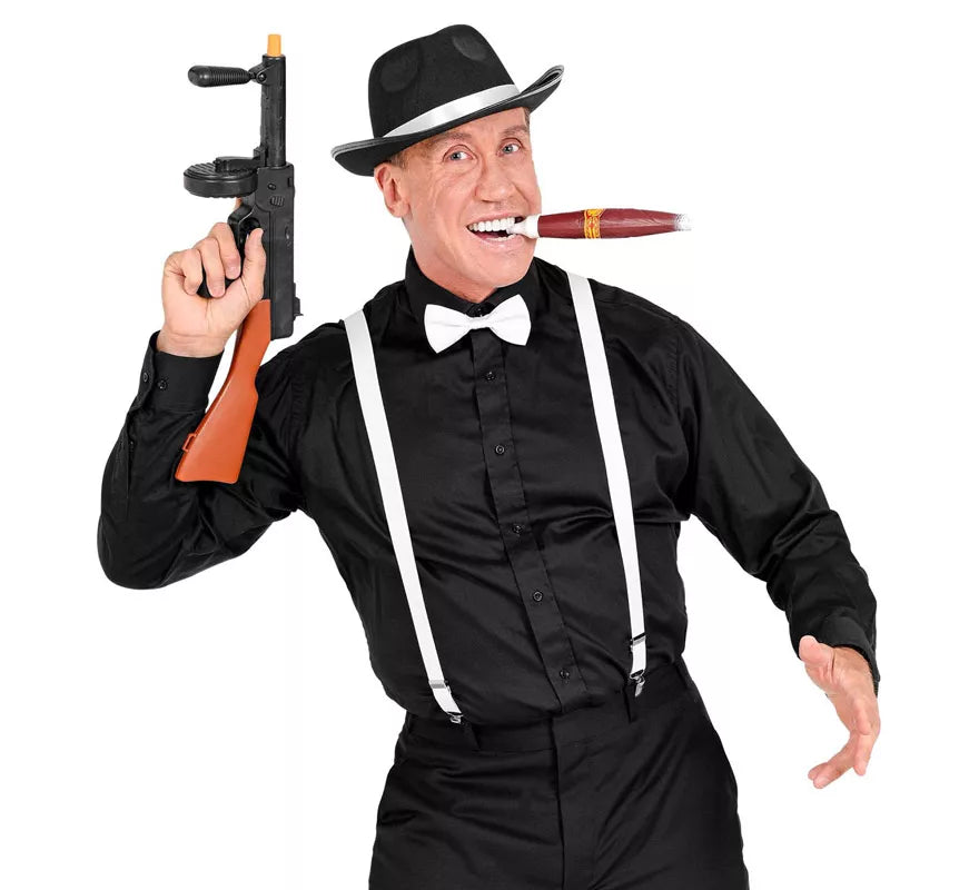 Kit de Gánster Blanco y Negro: Sombrero, Tirantes, Corbatín y Tabaco
